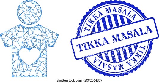 Vector net lover boy framework, and Tikka Masala blue round rubber seal. Wire carcass net symbol designed with lover boy pictogram, generated with crossing lines.