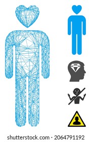 Vector net lover man. Geometric wire carcass 2D net based on lover man icon, designed with intersected lines. Some bonus icons are added.