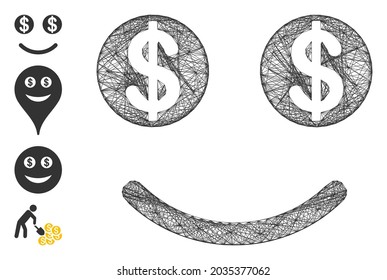 Vector net luck dollar smile. Geometric wire frame 2D net generated with luck dollar smile icon, designed with intersected lines. Some bonus icons are added.