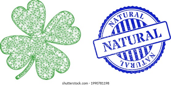 Vector net lucky clover leaf frame, and Natural blue rosette dirty stamp. Wire frame net image designed with lucky clover leaf icon, generated with intersected lines.