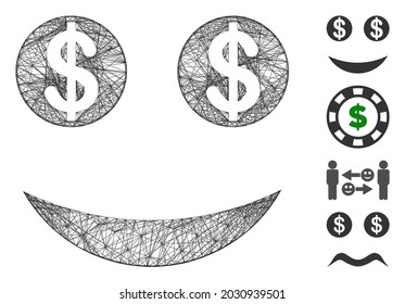 Vector net lucky dollar smiley. Geometric hatched carcass flat net made from lucky dollar smiley icon, designed from intersected lines. Some bonus icons are added.