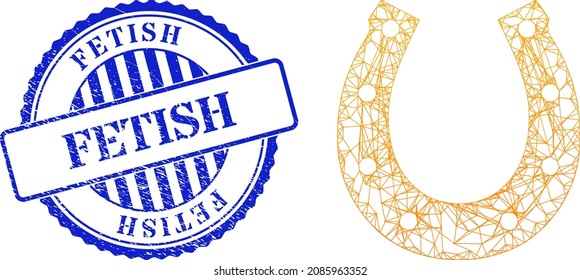 Vectornet-Hufeiskarkasse mit Glück und fetisch blauer, runder schmutziger Stempel. Lineare Carcass-Netzgrafik, die aus dem Hufeisensymbol erstellt wurde, wird aus gekreuzten Linien erstellt.