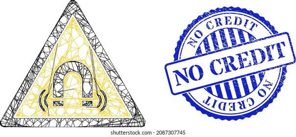 Vector net magnet field danger frame, and No Credit blue rosette scratched seal. Linear frame net image created from magnet field danger pictogram, is created from intersected lines.