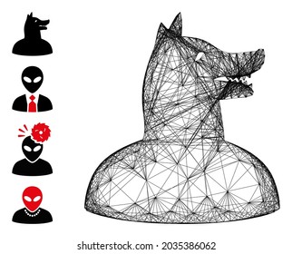 Perro vector net man. Red 2D de canal lineal geométrica hecha de icono de perro humano, diseñada a partir de líneas cruzadas. Se añaden algunos iconos adicionales.