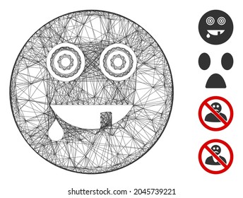 Vector net maniac smiley. Geometric wire frame 2D net generated with maniac smiley icon, designed with crossing lines. Some bonus icons are added.