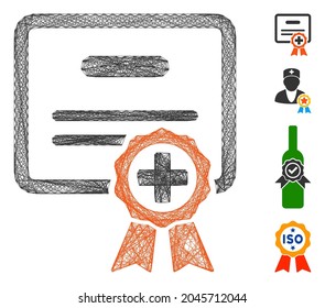 Vector Net Medical Certificate. Geometric Hatched Carcass 2D Net Generated With Medical Certificate Icon, Designed With Crossing Lines. Some Bonus Icons Are Added.