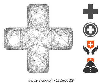 Vector net medical cross. Geometric hatched carcass flat net generated with medical cross icon, designed with crossing lines. Some bonus icons are added.