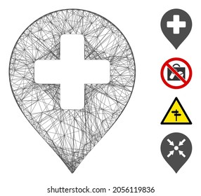 Marcador de cruce médico neto vectorial. Red plana de canal de alambre geométrico generada con un icono médico de marcador cruzado, diseñado con líneas interseccionadas. Se añaden algunos iconos adicionales.