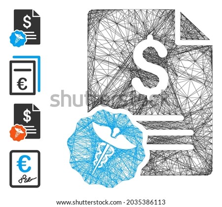 Vector net medical invoice. Geometric wire carcass 2D net generated with medical invoice icon, designed with crossing lines. Some bonus icons are added.