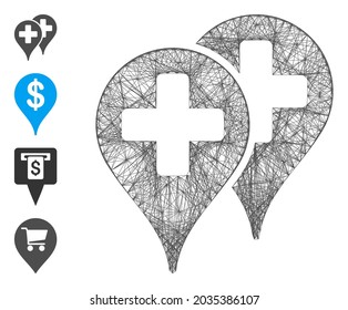 Vector net medical map markers. Geometric hatched frame 2D net generated with medical map markers icon, designed with crossed lines. Some bonus icons are added.