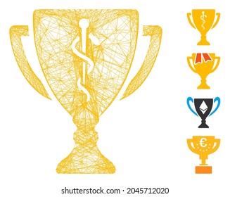Vector net medical prize cup. Geometric hatched carcass 2D net made from medical prize cup icon, designed from crossing lines. Some bonus icons are added.