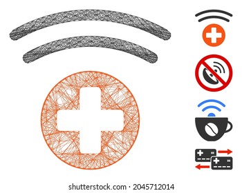 Vector net medical source. Geometric hatched frame 2D net made from medical source icon, designed from crossing lines. Some bonus icons are added.