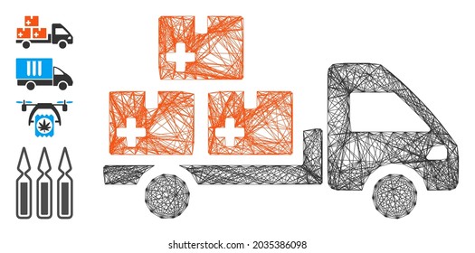 Vector Net Medication Delivery. Geometric Wire Carcass 2D Net Generated With Medication Delivery Icon, Designed With Crossing Lines. Some Bonus Icons Are Added.