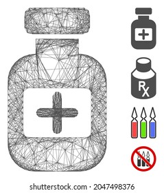 Vector net medication phial. Geometric hatched carcass 2D net made from medication phial icon, designed from crossed lines. Some additional icons are added.