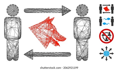 Vector net men dog exchange. Geometric linear carcass flat net generated with men dog exchange icon, designed with crossed lines. Some bonus icons are added.