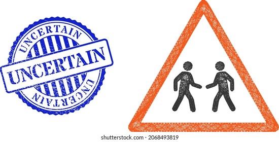 Vektor-net-Männer Treffen Warnung Wireframe, und Ungewissheit blaue Rosette strukturierte Robbe. Netzbild des Drahtgitters, erstellt von Männern, die ein Warnsymbol treffen, erstellt mit gekreuzten Linien.