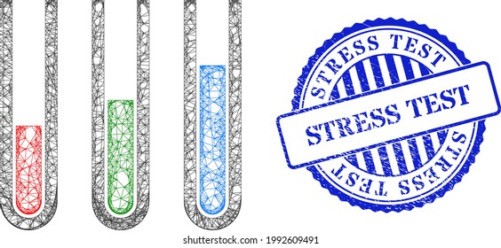 Vector net mesh analysis test tubes framework, and Stress Test blue rosette grunge stamp. Wire frame net image created from analysis test tubes icon, created from intersected lines.