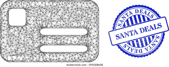 Vector net mesh banking card model, and Santa Deals blue rosette unclean seal print. Crossed carcass net symbol designed with banking card icon, is created with crossing lines.