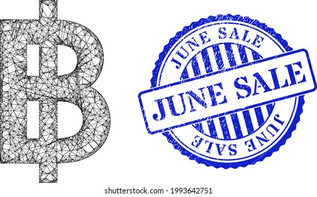 Vector net mesh bitcoin currency frame, and June Sale blue rosette grunge seal imitation. Crossed frame net image designed with bitcoin currency pictogram, created with crossing lines.