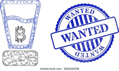 Vector net mesh bitcoin mixer frame, and Wanted blue rosette rubber seal print. Crossed frame net image created from bitcoin mixer icon, created with crossing lines.