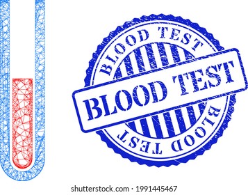 Vector net mesh blood test tube carcass, and Blood Test blue rosette dirty seal imitation. Linear carcass network illustration created from blood test tube icon, made from crossed lines.