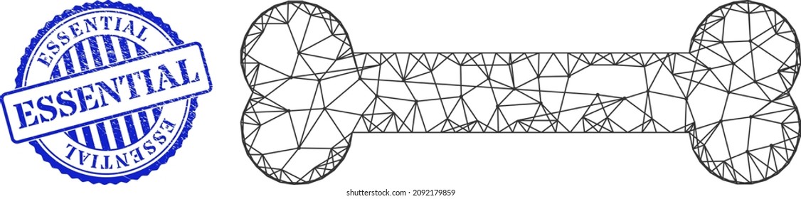 Vector net mesh bone frame, and Essential blue round grunge seal imitation. Wire carcass net image created from bone pictogram, generated from crossed lines.