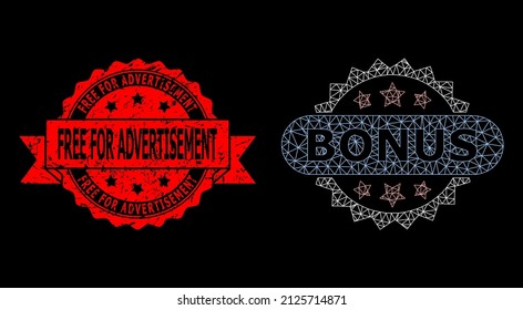 Vector net mesh bonus tag image with Free for Advertisement unclean seal on a black background. Red stamp contains Free for Advertisement tag inside ribbon.