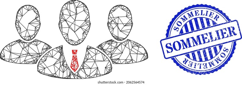 Vector net mesh boss group carcass, and Sommelier blue rosette unclean seal imitation. Wire carcass net symbol based on boss group pictogram, made with intersected lines.