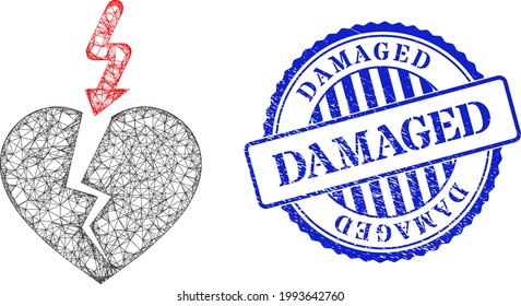 Vector net mesh break heart framework, and Damaged blue rosette scratched stamp seal. Crossed frame net illustration based on break heart pictogram, generated with crossed lines.