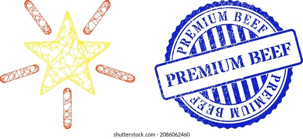 Vector net mesh bright star frame, and Premium Beef blue round scratched stamp. Crossed frame net image created from bright star icon, made from crossing lines.
