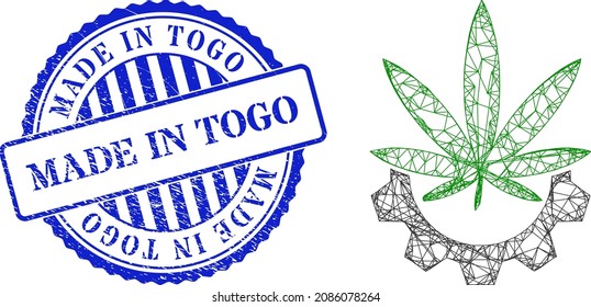 Vector net mesh cannabis industry frame, and Made in Togo blue round unclean seal imitation. Hatched frame network image created from cannabis industry pictogram, is created from crossing lines.