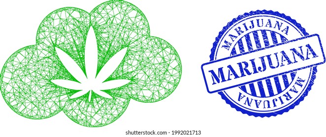 Vector net mesh cannabis smoke carcass, and Marijuana blue rosette grunge watermark. Linear carcass net symbol designed with cannabis smoke icon, is created from crossed lines.