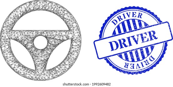 Vector net mesh car steering wheel wireframe, and Driver blue rosette unclean watermark. Linear carcass net symbol created from car steering wheel icon, is created from crossed lines.