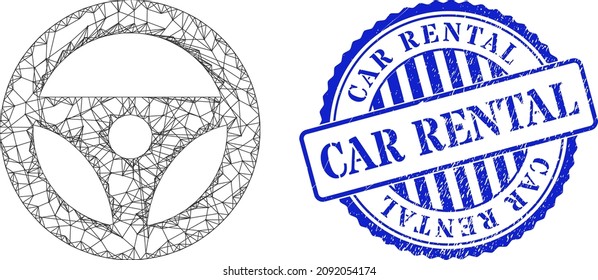 Vector net mesh car steering wheel model, and Car Rental blue round scratched stamp. Linear carcass net illustration designed with car steering wheel icon, made with intersected lines.
