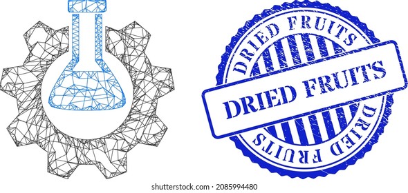 Vector net mesh chemical industry frame, and Dried Fruits blue round rubber seal. Crossed frame net symbol based on chemical industry icon, is made with crossed lines.