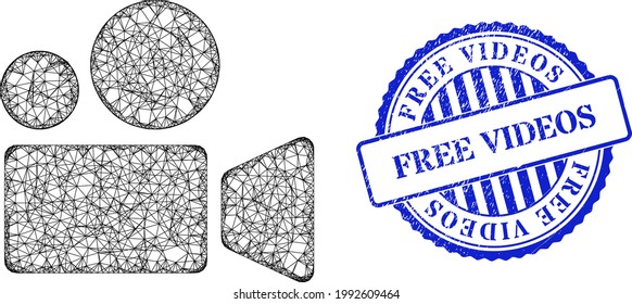 Vector net mesh cinema camera model, and Free Videos blue rosette rubber stamp. Crossed carcass net symbol created from cinema camera pictogram, generated from intersected lines.