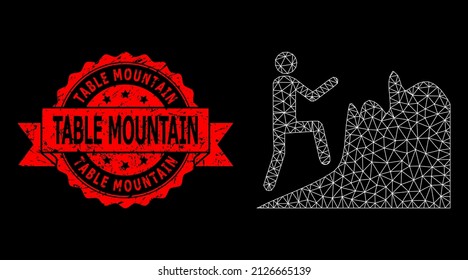 Vector Net Mesh Climbing Person Picture With Table Mountain Unclean Seal Imitation On A Black Background. Red Stamp Seal Contains Table Mountain Tag Inside Ribbon.