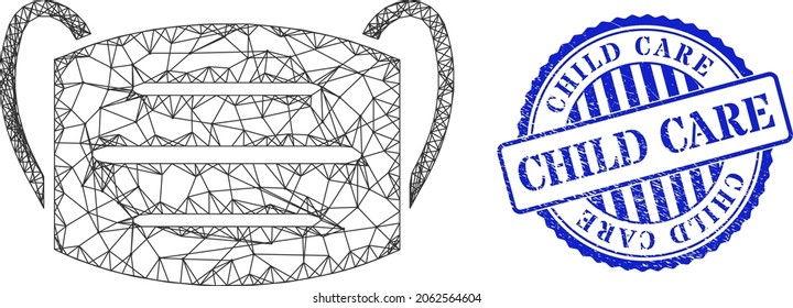 Vector net mesh covid mask framework, and Child Care blue rosette grunge seal imitation. Wire frame net image designed with covid mask pictogram, generated with intersected lines.