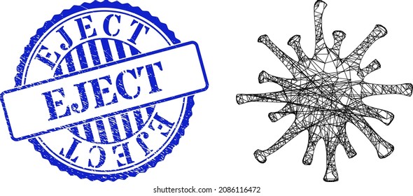 Vector net mesh covid-19 virus carcass, and Eject blue round corroded stamp. Crossed carcass net illustration created from covid-19 virus pictogram, is created from intersected lines.