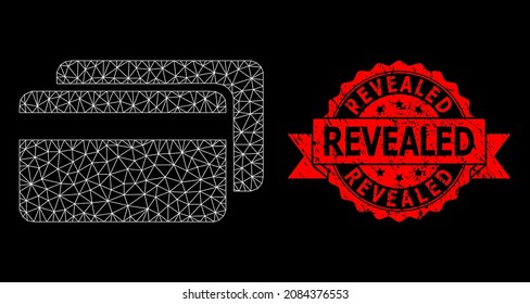 Vector net mesh credit cards picture with Revealed unclean stamp on a black background. Red stamp seal includes Revealed text inside ribbon. Mesh model based on credit cards symbol,