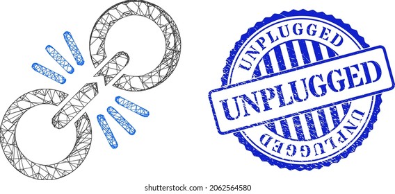 Vector net mesh damage chain link wireframe, and Unplugged blue rosette rubber stamp seal. Crossed carcass net symbol created from damage chain link icon, generated with crossed lines.