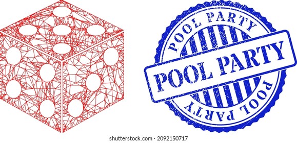 Vector net mesh dice cube carcass, and Pool Party blue round scratched seal print. Wire frame net image created from dice cube pictogram, made from intersected lines.