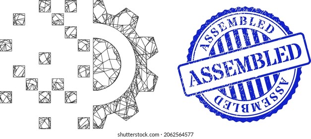 Vector net mesh digital gear generation wireframe, and Assembled blue rosette unclean seal imitation. Linear frame network image created from digital gear generation pictogram,