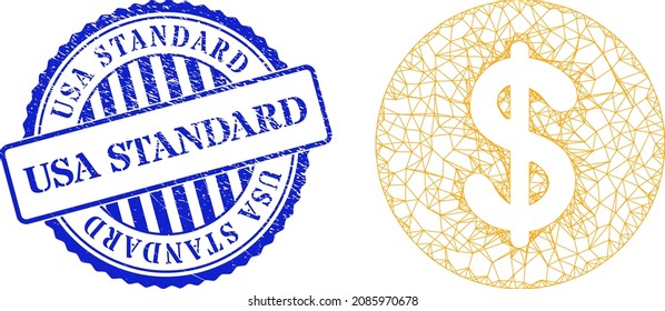 Vector net mesh dollar coin frame, and USA Standard blue round dirty seal. Hatched frame net symbol created from dollar coin pictogram, is generated from crossed lines.