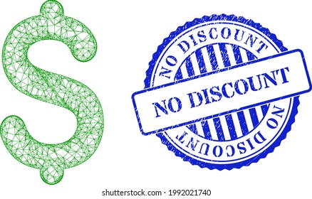 Vector net mesh dollar price carcass, and No Discount blue rosette textured badge. Crossed carcass net image created from dollar price icon, is created with crossed lines.