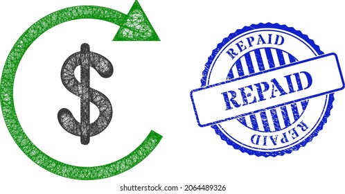 Vector net mesh dollar repay carcass, and Repaid blue rosette unclean seal print. Crossed carcass network symbol created from dollar repay icon, created from intersected lines.