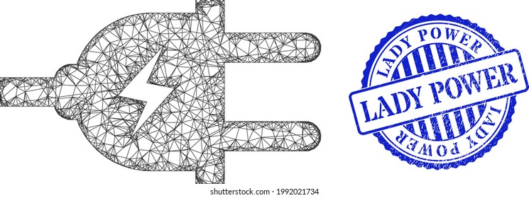 Vector net mesh electric plug frame, and Lady Power blue rosette corroded seal. Crossed frame network symbol designed with electric plug pictogram, is created with crossed lines.