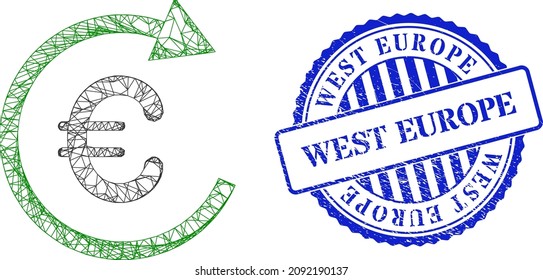 Vektor-Netzmaschenmaschen Euro-Rückerstattungsrahmen, und West-Europa blauer Rosette schmutzige Robbe. Das mit dem Euro-Repay-Icon entworfene Bild des Crossed-Frame-Netzwerks wird mit Schnittlinien erzeugt.