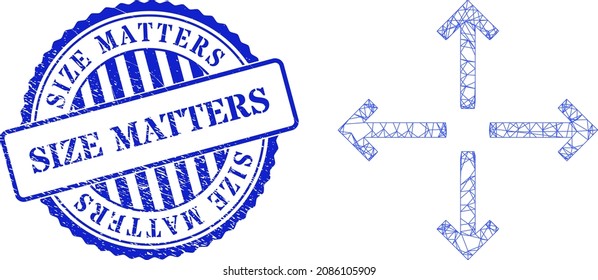 Vector net mesh expand arrows frame, and Size Matters blue round unclean stamp seal. Linear frame net image designed with expand arrows icon, is created with intersected lines.