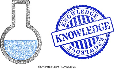 Vector net mesh flask frame, and Knowledge blue rosette unclean stamp seal. Crossed frame net image created from flask pictogram, is generated with crossed lines.